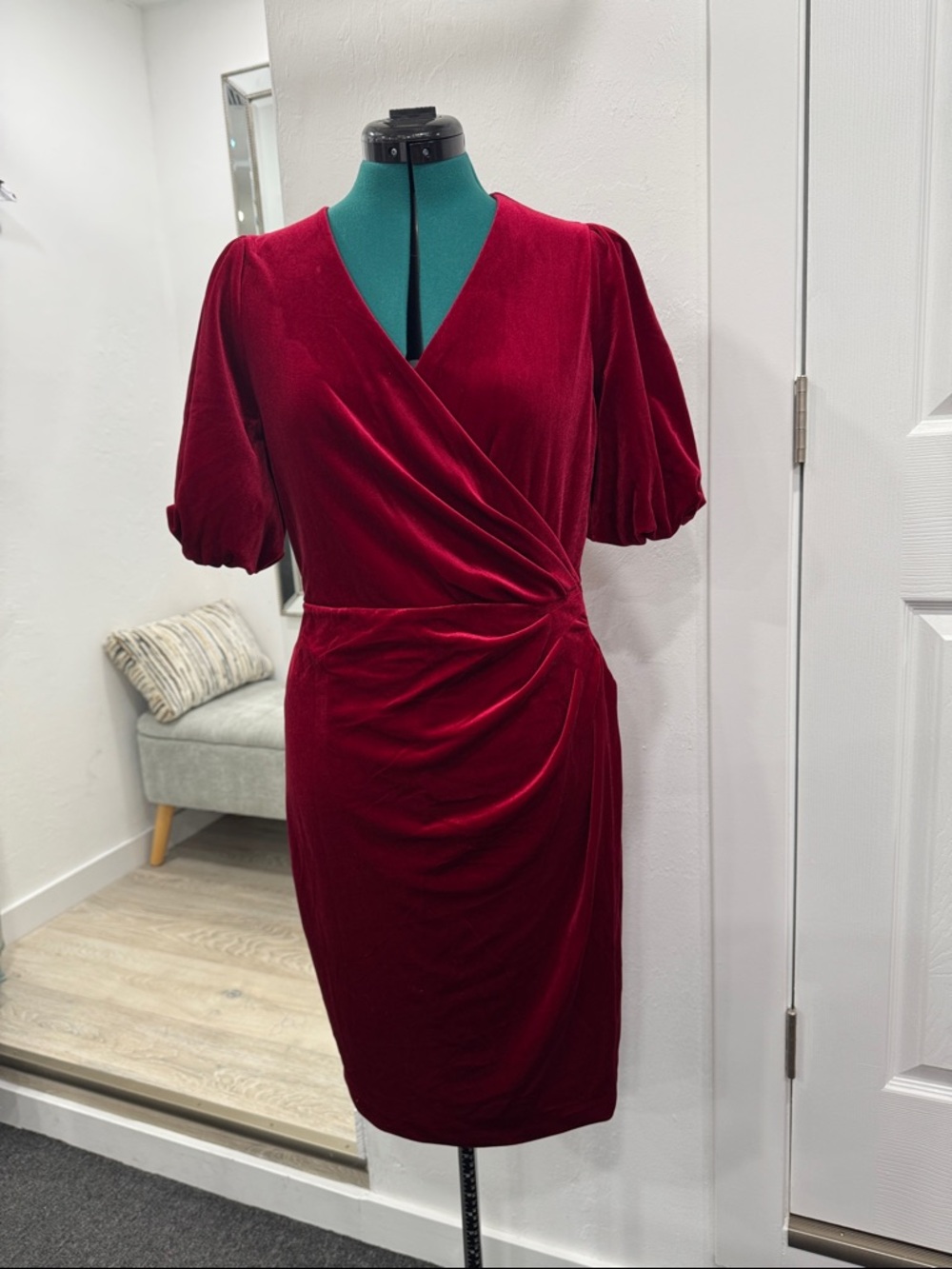 DKNY Deep Burgundy Velvet Wrap-Style Midi Dress